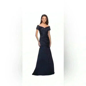 NEW LA FEMME Women Navy Blue Exquisite Beaded Off Shoulder Satin Dress Gown 4